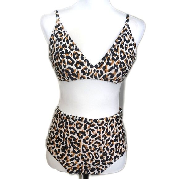 J. Crew NWT animal print 2-piece bikini swimsuit, padded top, hi waist M/L - Picture 1 of 12
